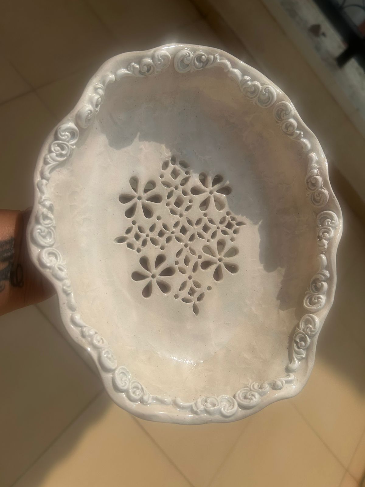 Handmade Ceramic Pasta Strainer – Elegant White Studio Pottery Bowl