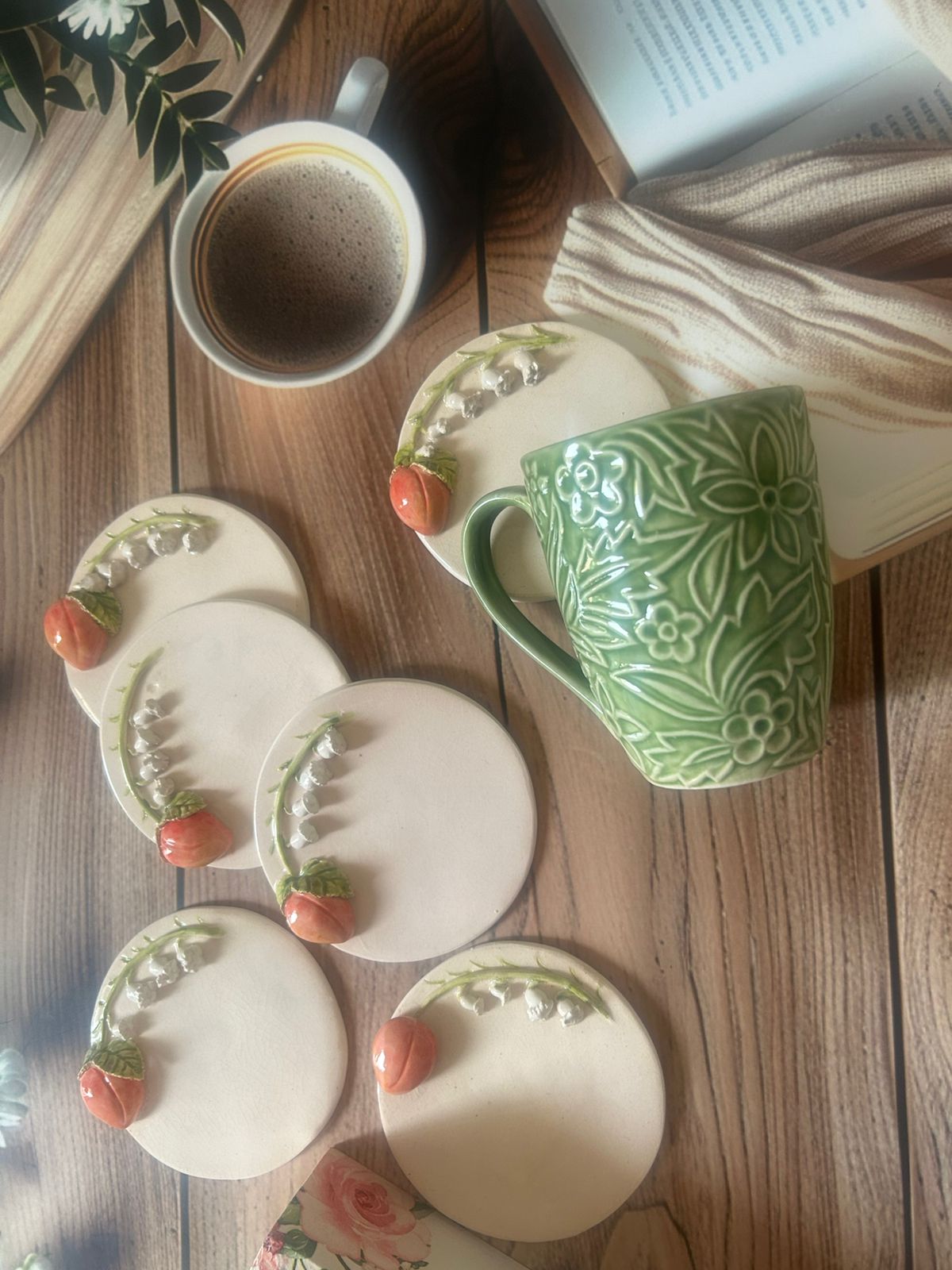 Handmade Ceramic Tulip Coasters Floral Drink Coasters Set