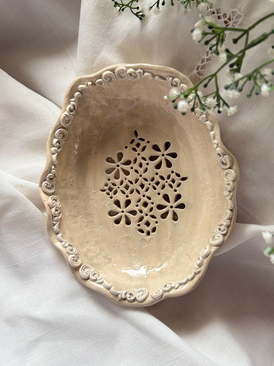 Handmade Ceramic Pasta Strainer – Elegant White Studio Pottery Bowl