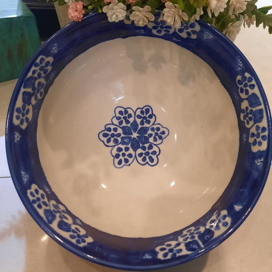 Ceramic Salad Big Bowl Hand Painted Blue