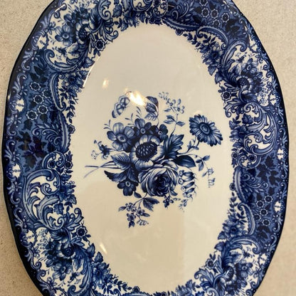 Dark Blue Floral Border Oval Serving Platter