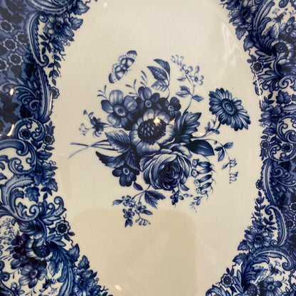 Dark Blue Floral Border Oval Serving Platter