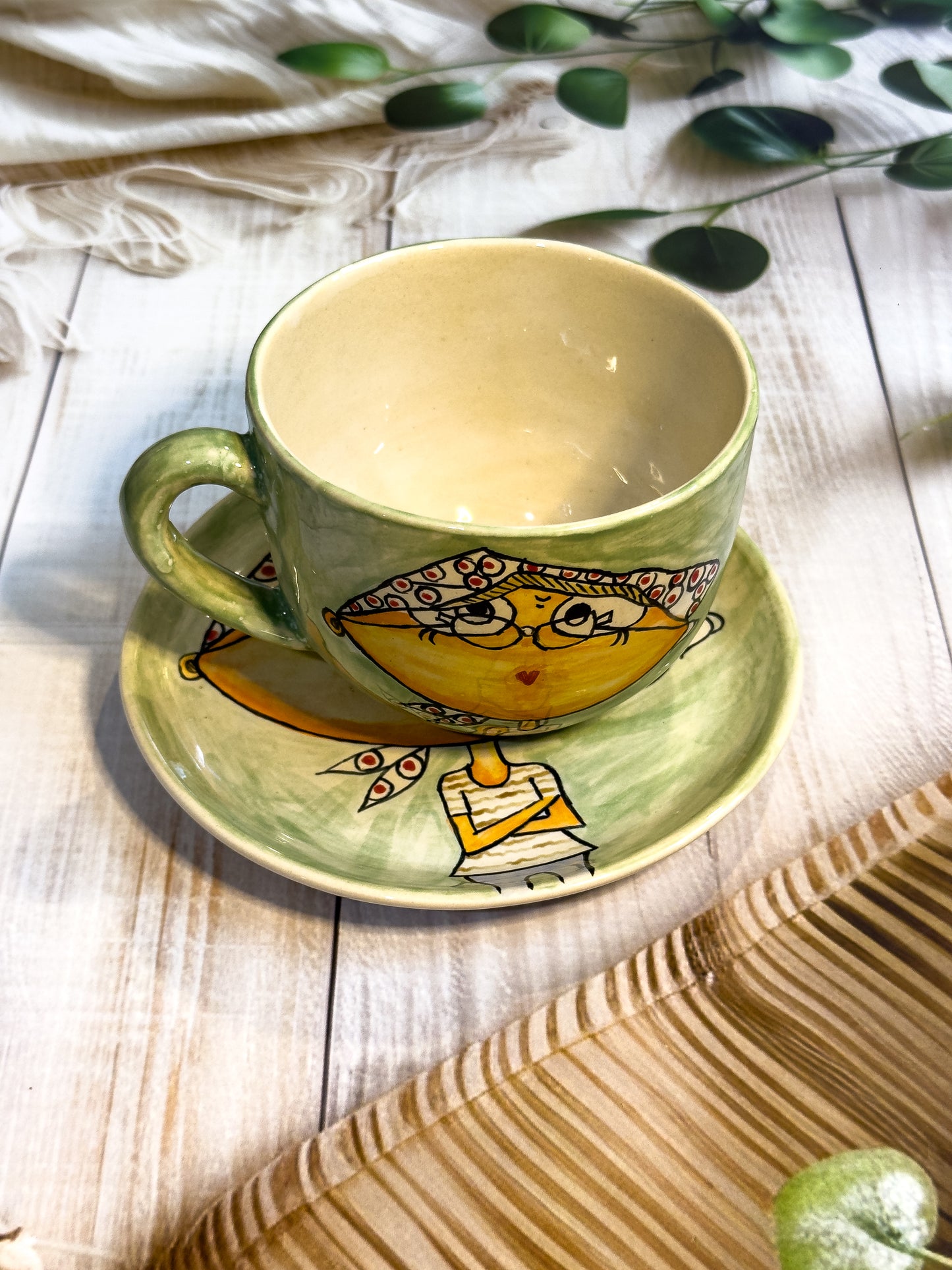 Green ‘Shy Smiles’ Hand-Painted Mug & Saucer – Navya Design