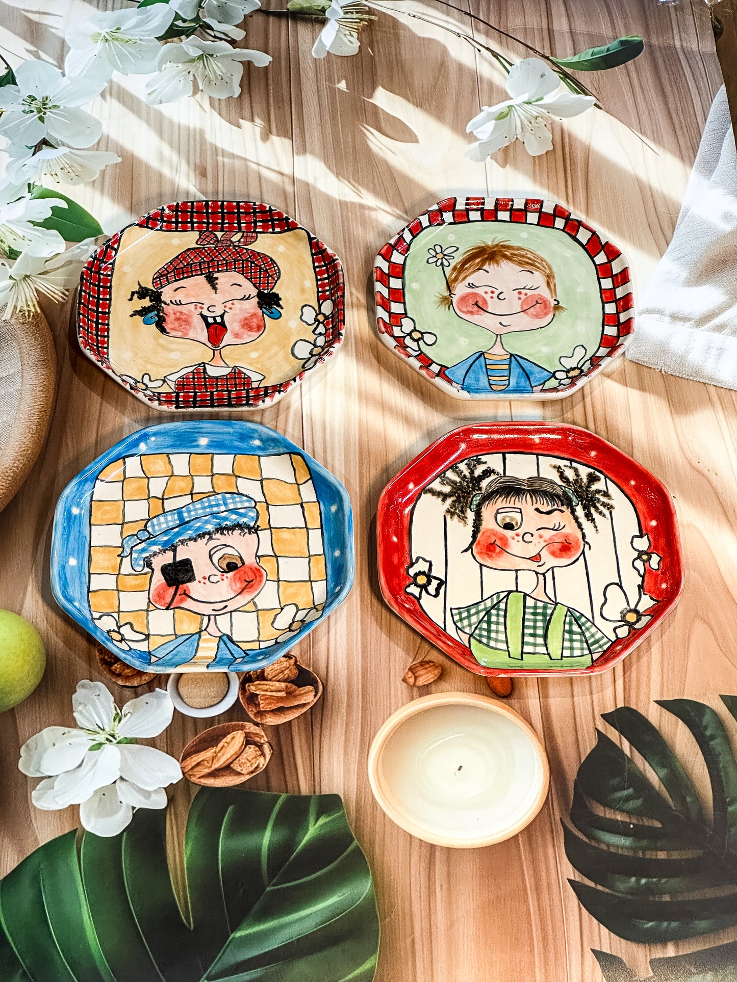 Winking Pigtail Girl Snack Plate – Hand-Painted Ceramic (Red & Green)