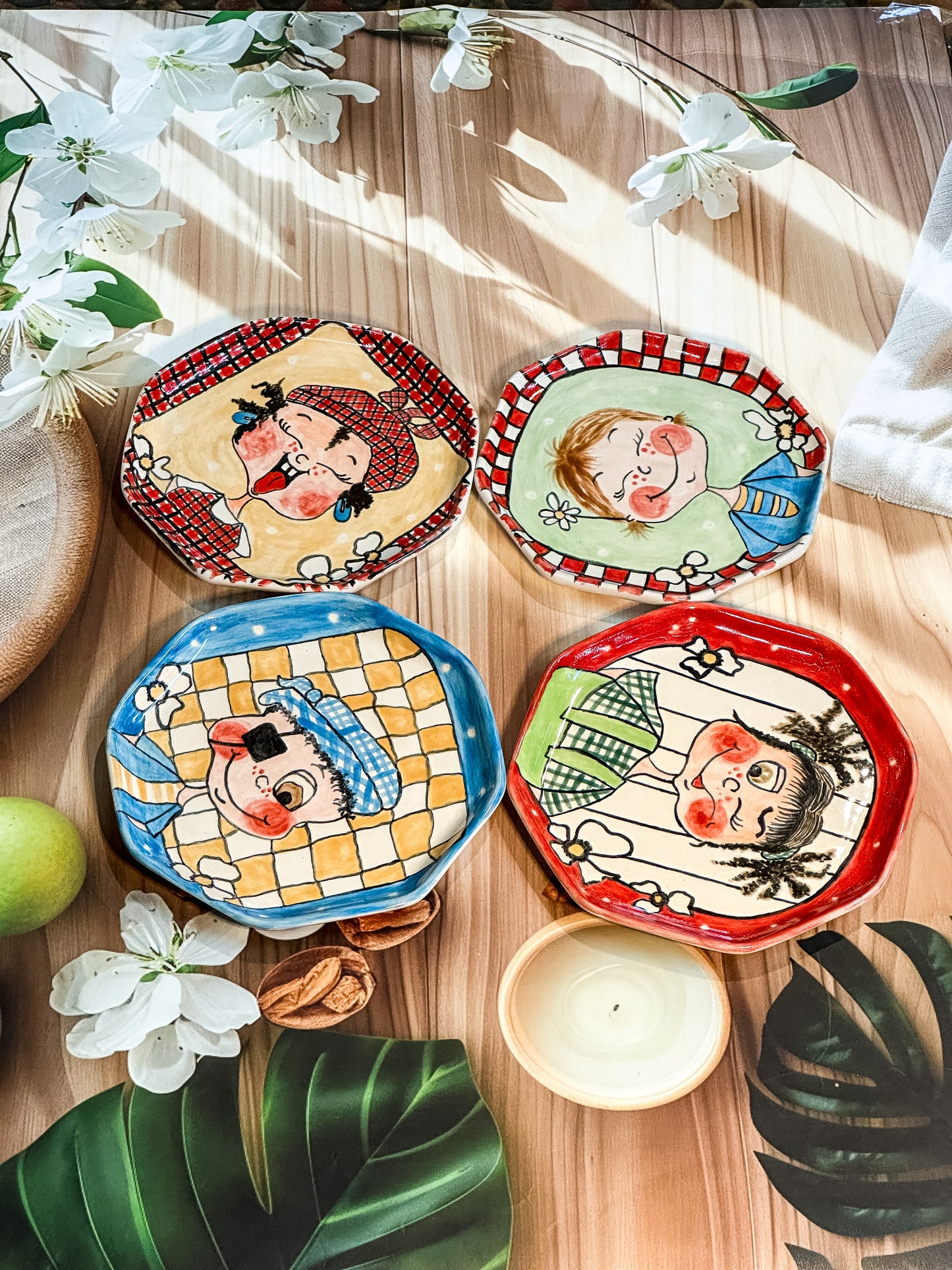 Hand-Painted “Happy Faces” Snack Plate Set – Set of 4 | Navya Design
