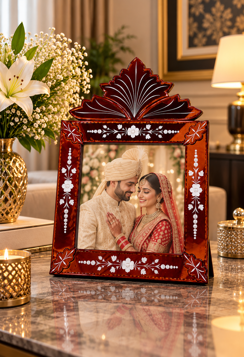 Royal Mahogany Floral Photo Frame with Pearl Detailing