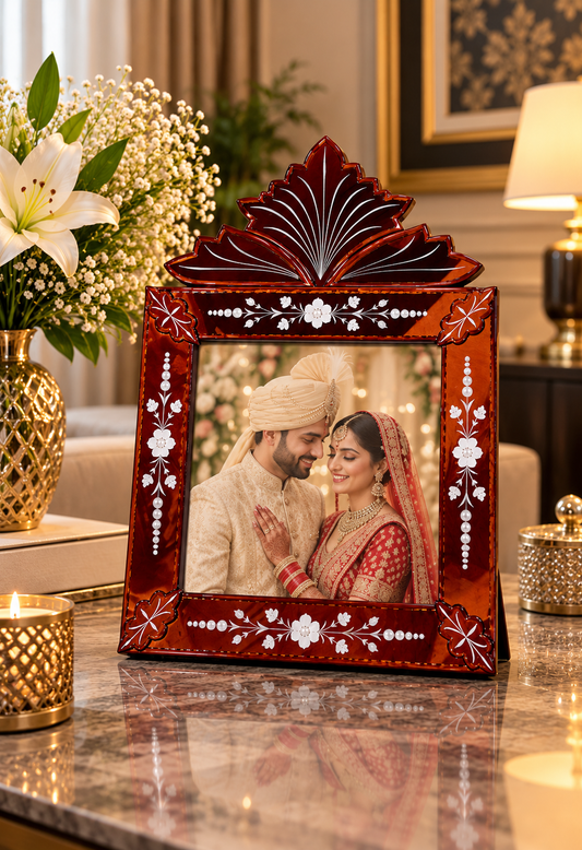 Royal Mahogany Floral Photo Frame with Pearl Detailing