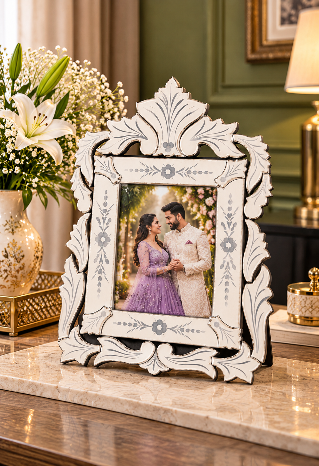 Ivory Baroque Floral Photo Frame with Ornate Carved Design