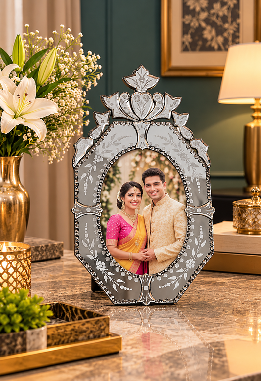 Silver Venetian Floral Photo Frame with Ornate Crown Design