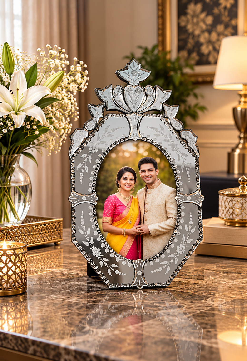 Silver Venetian Floral Photo Frame with Ornate Crown Design