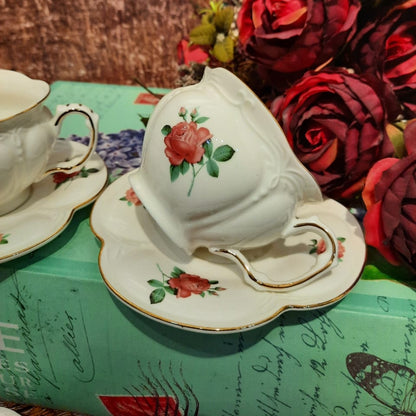 Porcelain Cup & Saucers with Single Rose Design Set of 6