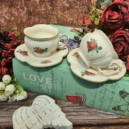 Porcelain Cup & Saucers with Single Rose Design Set of 6