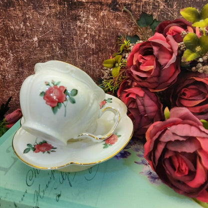 Porcelain Cup & Saucers with Single Rose Design Set of 6