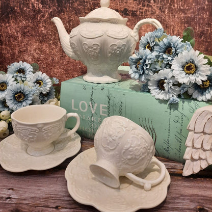 Porcelain Cup & Saucers with Embossed Pattern Set of 6