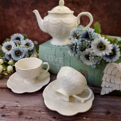 Porcelain Cup & Saucers with Embossed Pattern Set of 6