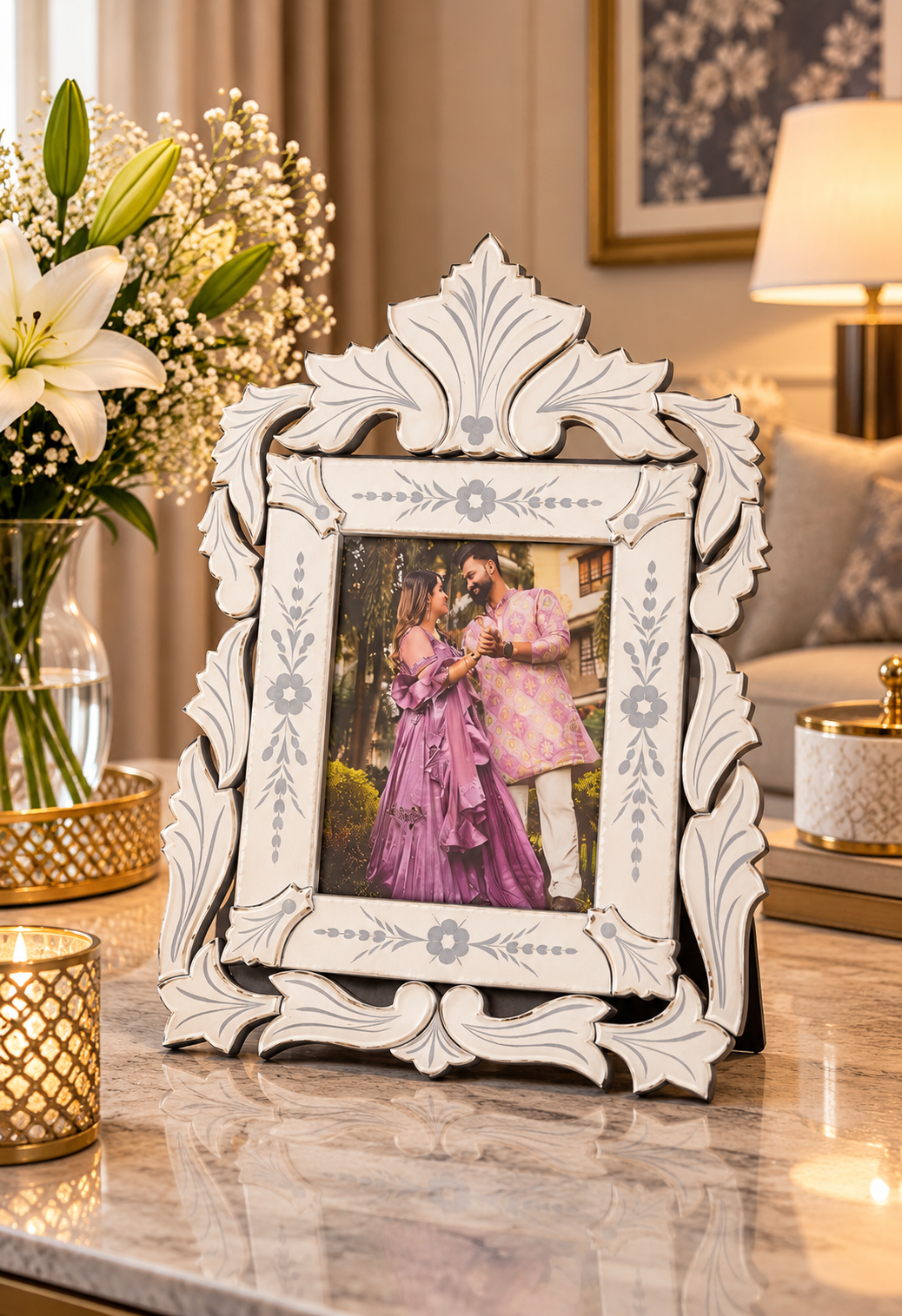 Ivory Baroque Floral Photo Frame with Ornate Carved Design