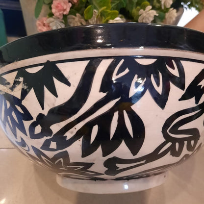 Ceramic Salad Bowl Handpainted Black and White