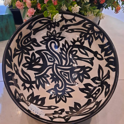 Ceramic Salad Bowl Handpainted Black and White