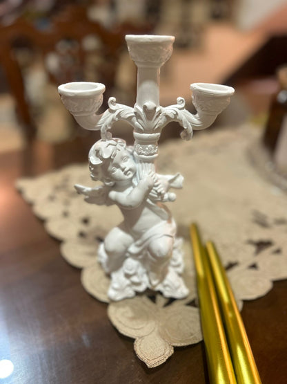 Ivory Ceramic Cherub Candelabra | 3-Candle Holder