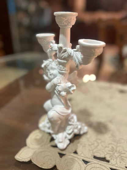 Ivory Ceramic Cherub Candelabra | 3-Candle Holder