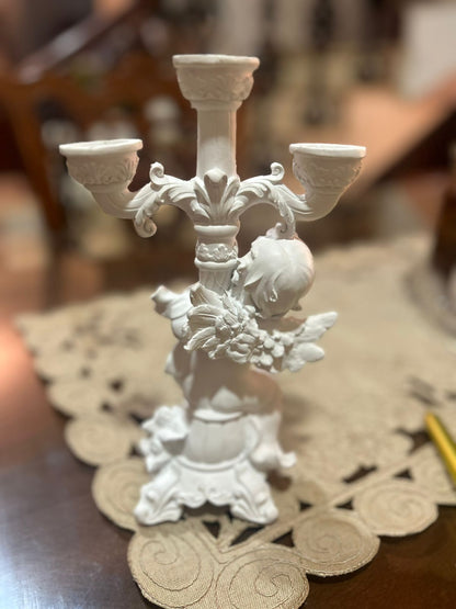 Ivory Ceramic Cherub Candelabra | 3-Candle Holder