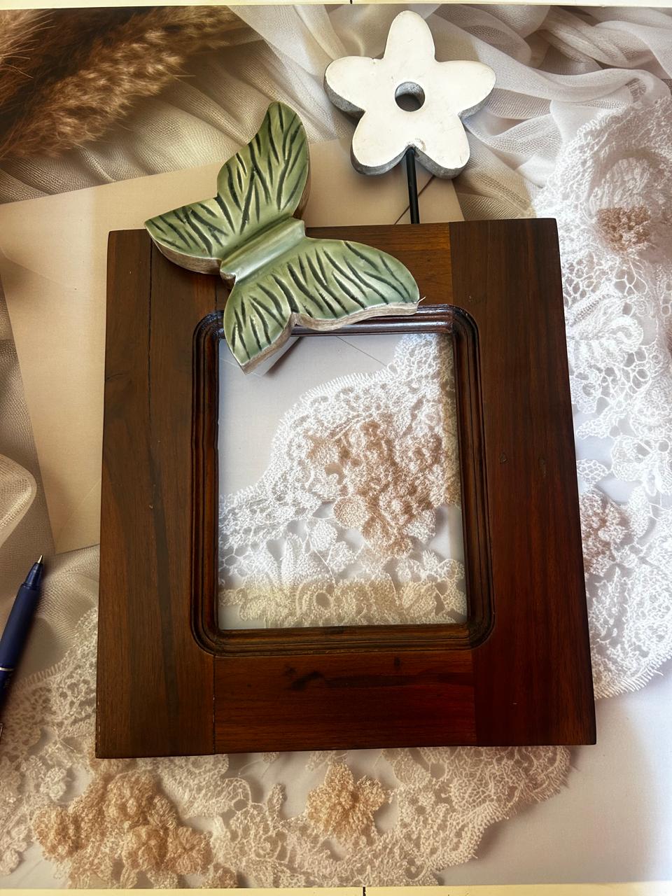 Handcrafted Sheesham Wood Photo Frame with Butterfly Accent (10” x 11”, Inner 5.5” x 6.5”) – Hand Painted Decorative Wall Frame