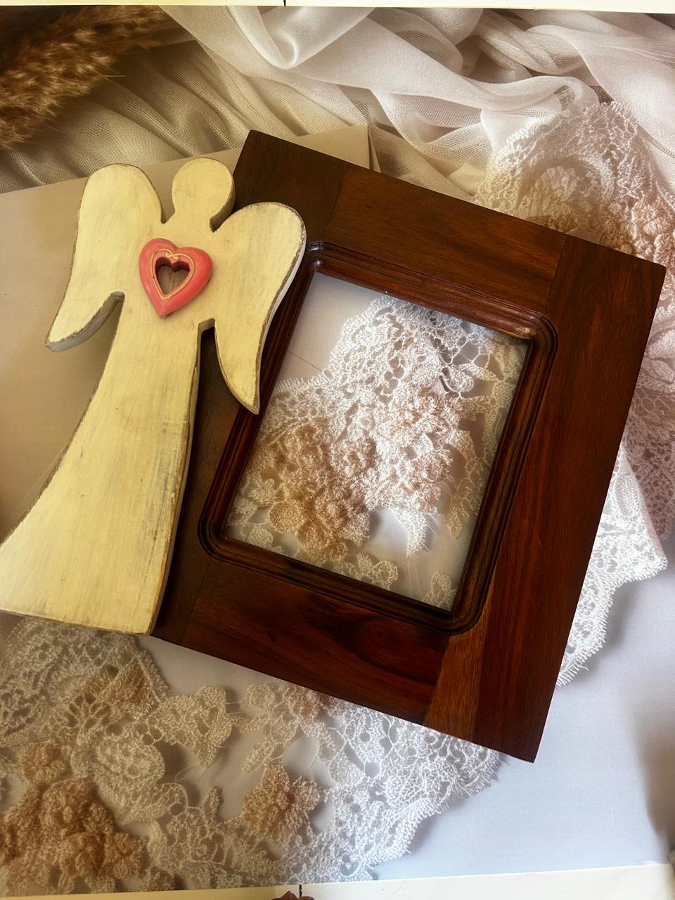 Handcrafted Sheesham Wood Photo Frame with Angel Accent (11” x 10”, Inner 5.5” x 6.6”) – Hand Painted Decorative Wall Frame