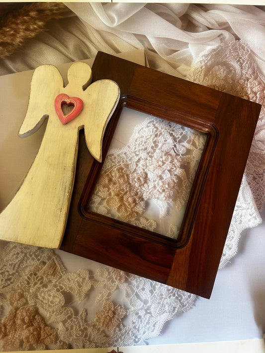 Handcrafted Sheesham Wood Photo Frame with Angel Accent (11” x 10”, Inner 5.5” x 6.6”) – Hand Painted Decorative Wall Frame