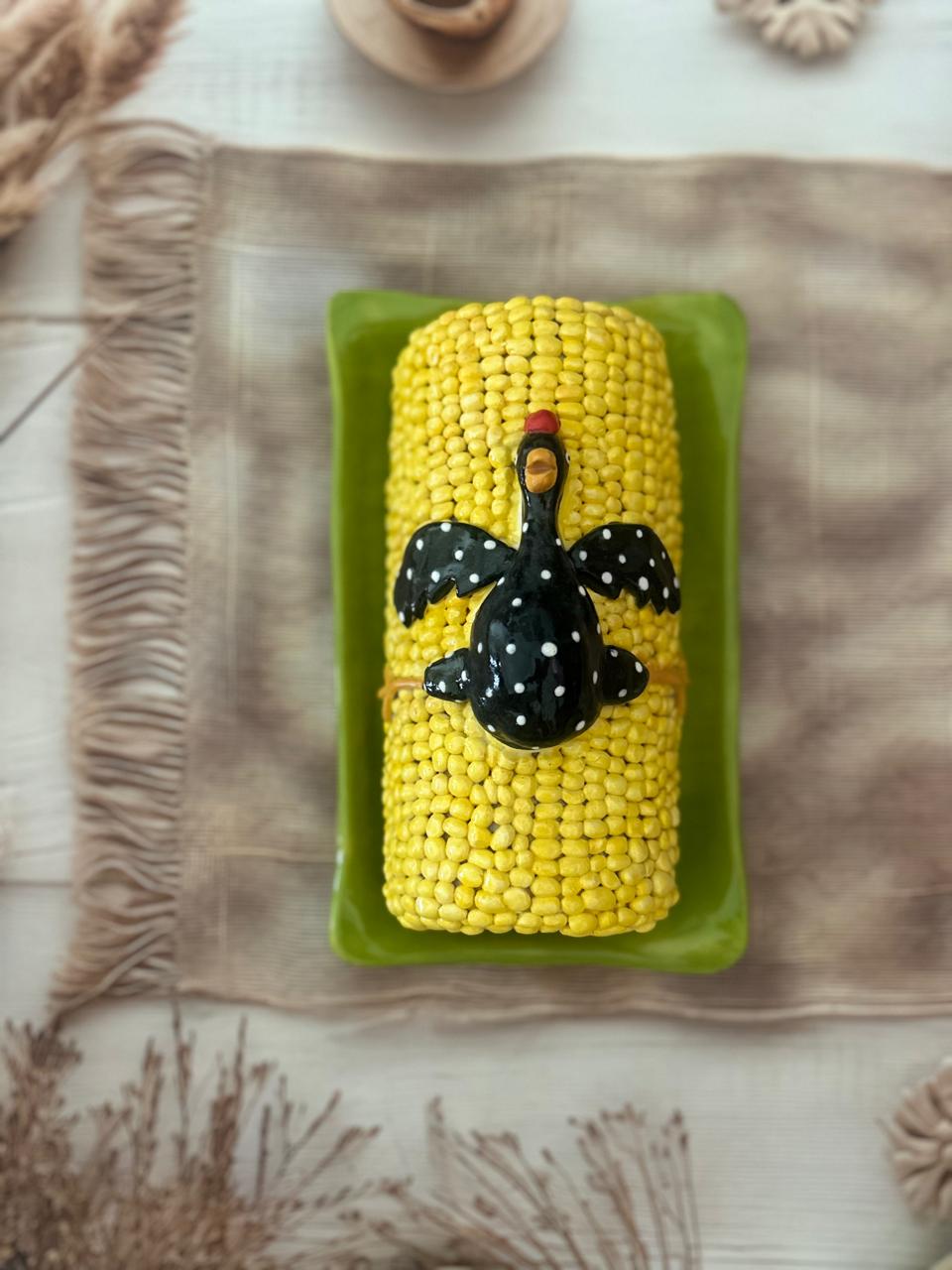 Handcrafted Corn & Chicken Butter Dish – Whimsical Kitchen Serveware