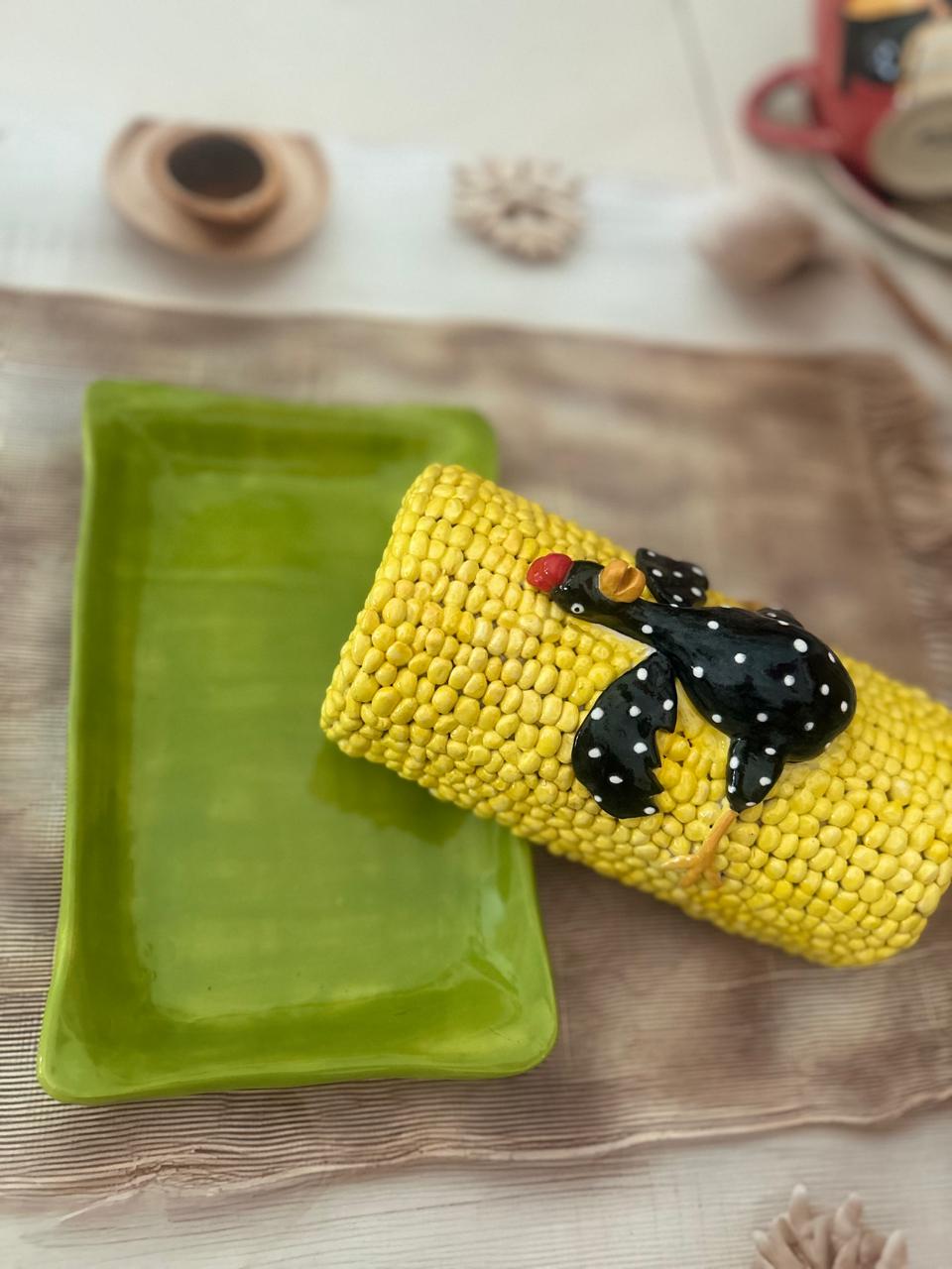 Handcrafted Corn & Chicken Butter Dish – Whimsical Kitchen Serveware