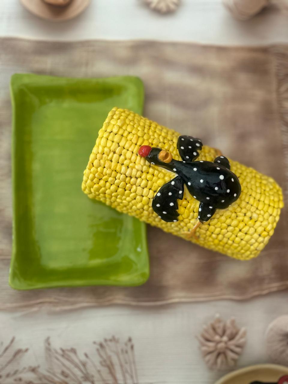 Handcrafted Corn & Chicken Butter Dish – Whimsical Kitchen Serveware