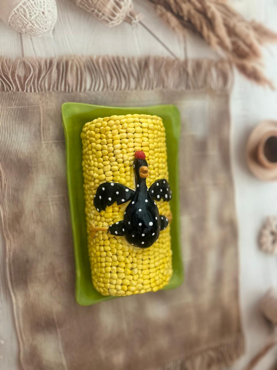 Handcrafted Corn & Chicken Butter Dish – Whimsical Kitchen Serveware