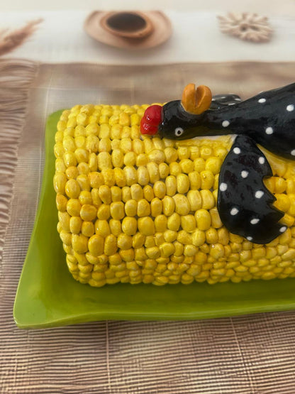 Handcrafted Corn & Chicken Butter Dish – Whimsical Kitchen Serveware