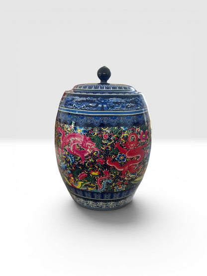 Royal Blue Handcrafted Ceramic Ginger Jar – 20 Inch Decorative Vase with Floral & Dragon Art