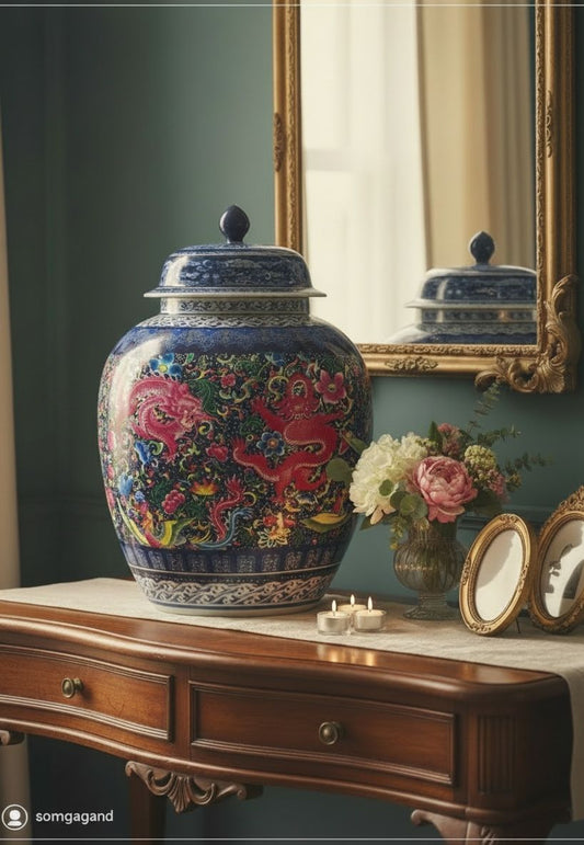 Royal Blue Handcrafted Ceramic Ginger Jar – 20 Inch Decorative Vase with Floral & Dragon Art