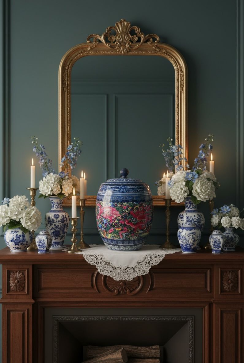 Royal Blue Handcrafted Ceramic Ginger Jar – 20 Inch Decorative Vase with Floral & Dragon Art