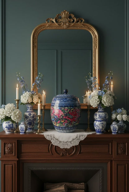 Royal Blue Handcrafted Ceramic Ginger Jar – 20 Inch Decorative Vase with Floral & Dragon Art
