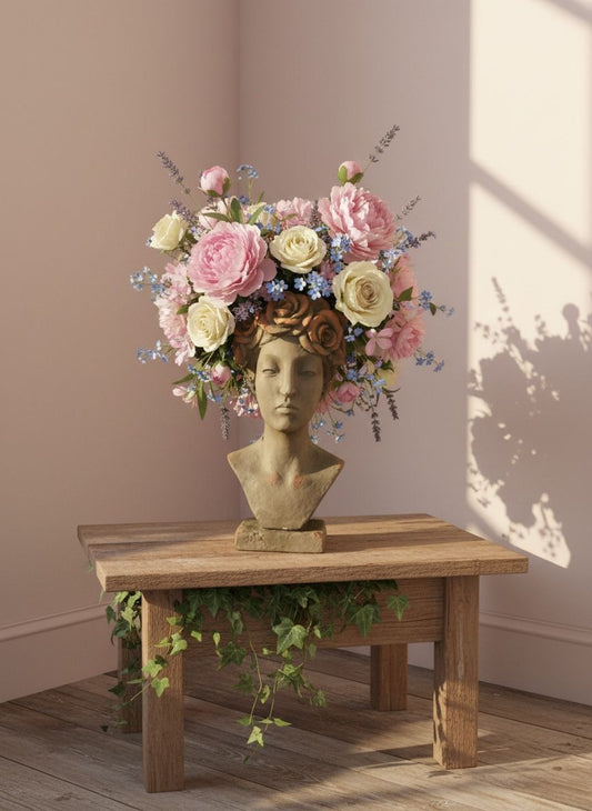 Elegant Poly Resin Bust Planter with Floral Head Wreath – Decorative Vase & Sculpture – 23 Inch