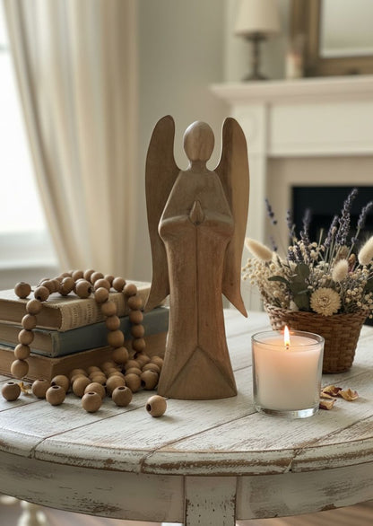 Hand-Carved Wooden Angel Sculpture – Bohemian Luxury Décor (16 Inch)