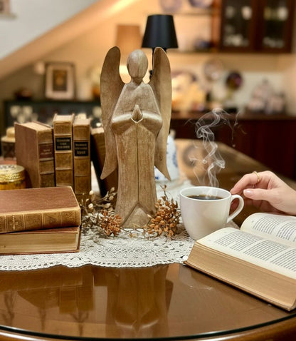 Hand-Carved Wooden Angel Sculpture – Bohemian Luxury Décor (16 Inch)
