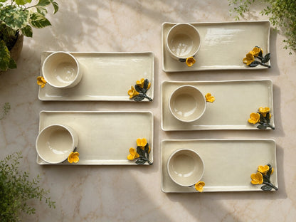 Handmade Ceramic Serving Platter with Bowl & Tulip Design | Elegant Serving Set for Snacks, Desserts & Entertaining