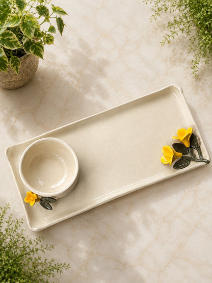 Handmade Ceramic Serving Platter with Bowl & Tulip Design | Elegant Serving Set for Snacks, Desserts & Entertaining
