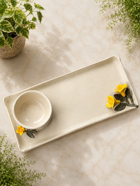 Handmade Ceramic Serving Platter with Bowl & Tulip Design | Elegant Serving Set for Snacks, Desserts & Entertaining