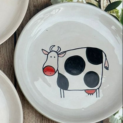 Ceramic Plate with Black & White Cow Design