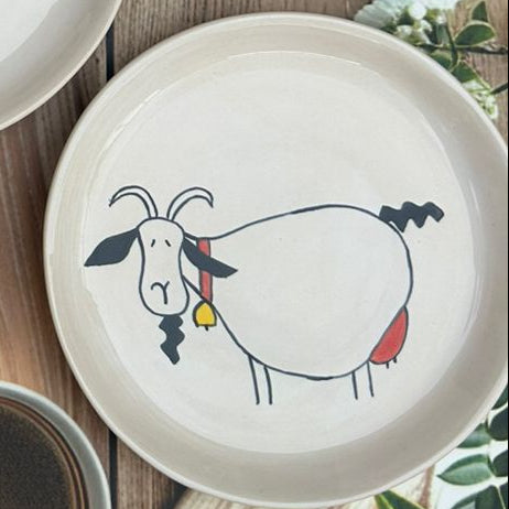Hand-Painted Ceramic Plate with Colorful Goat Design