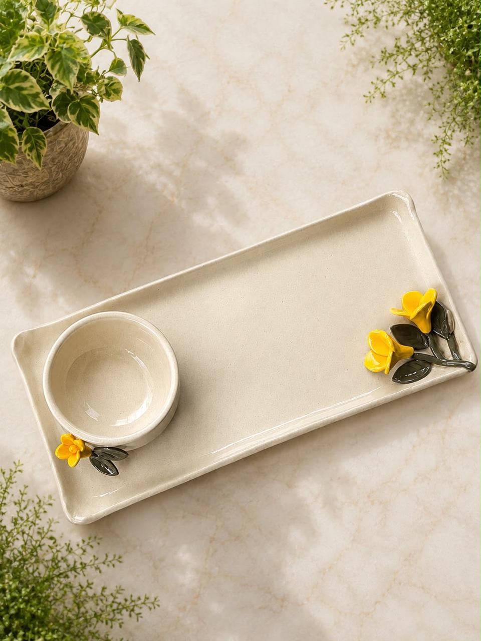 Handmade Ceramic Serving Platter with Dip Bowl