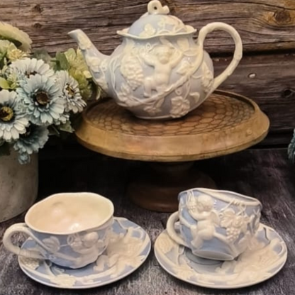 Blue Porcelain Tea Set Kettle With 6 Cups And 6 Saucers