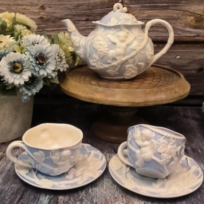 Blue Porcelain Tea Set Kettle With 6 Cups And 6 Saucers