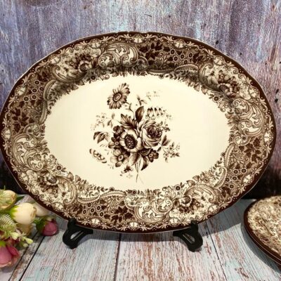 Brown Ceramic Oval Roses Plate